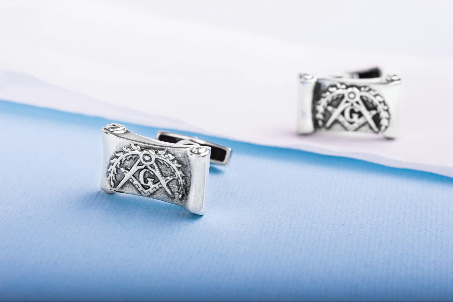 925 Silver Masonic Cufflinks with G Symbol on Scroll, Unique handmade jewelry