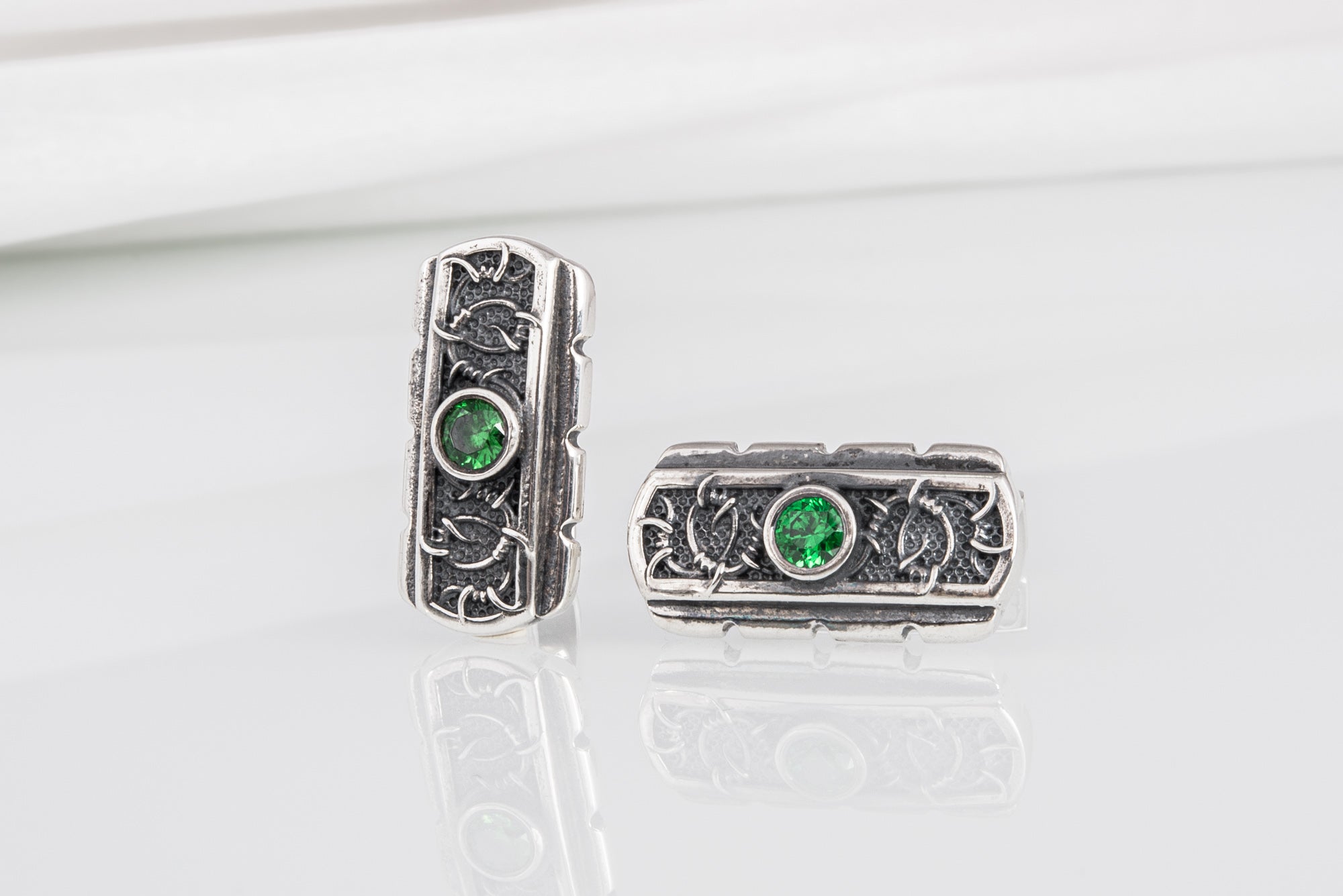 Unique handcrafted cufflinks with ornament and green gem, 925 silver fashion jewelry