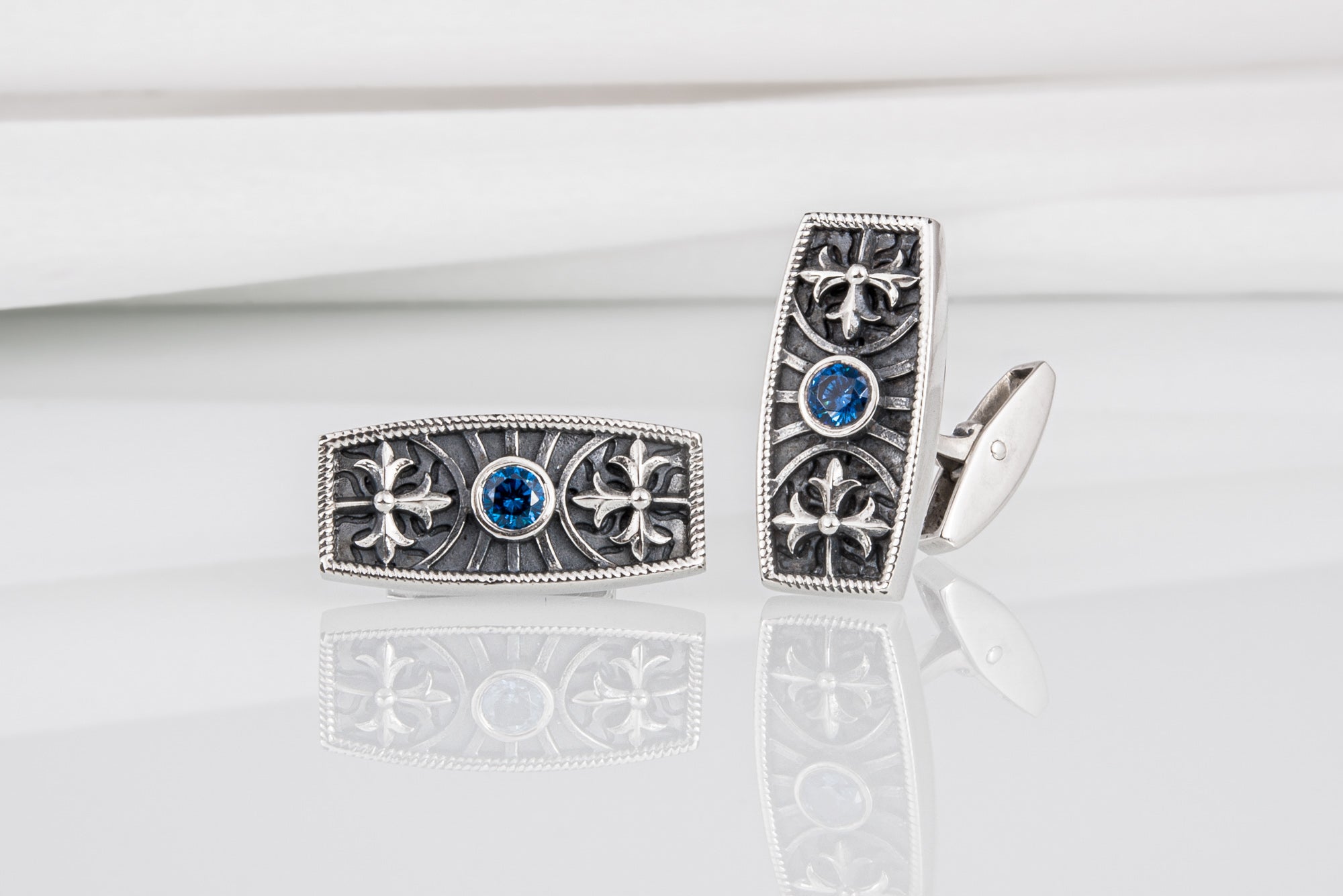 Handcrafted cufflinks with blue gem and unique ornament, sterling silver jewelry