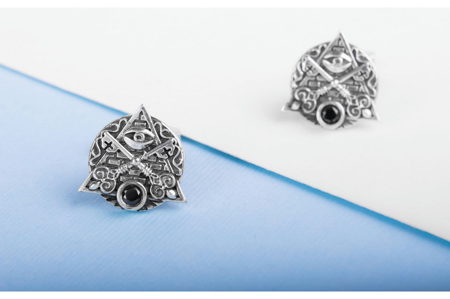 Unique 925 Silver Masonic Cufflinks with All seing Eye and brick ornament, handmade jewelry
