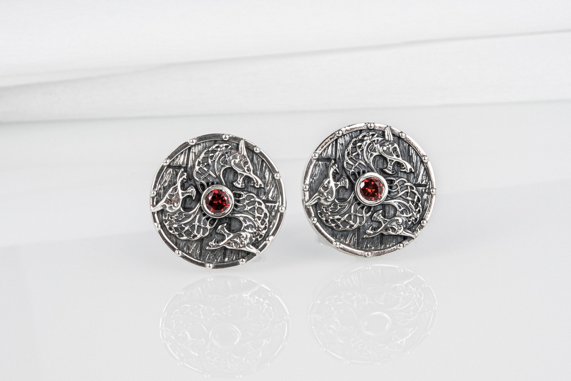 Viking cufflinks shield with Fenrir and gem, unique handcrafted sterling silver jewelry