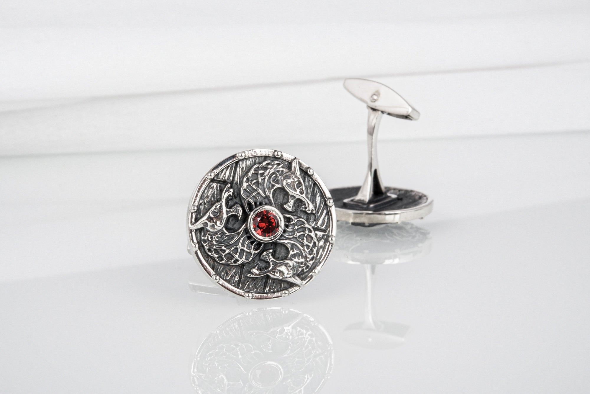 Viking cufflinks shield with Fenrir and gem, unique handcrafted sterling silver jewelry