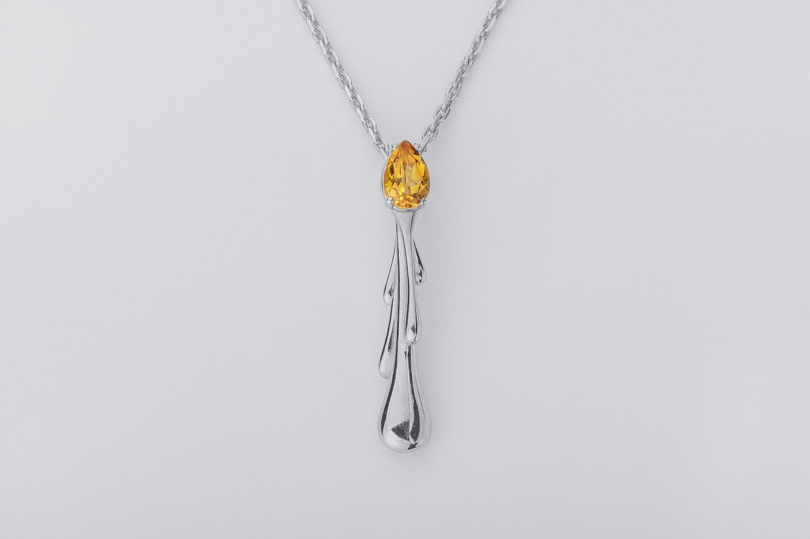 Candle Flame Citrine Pendant, Rhodium plated 925 silver