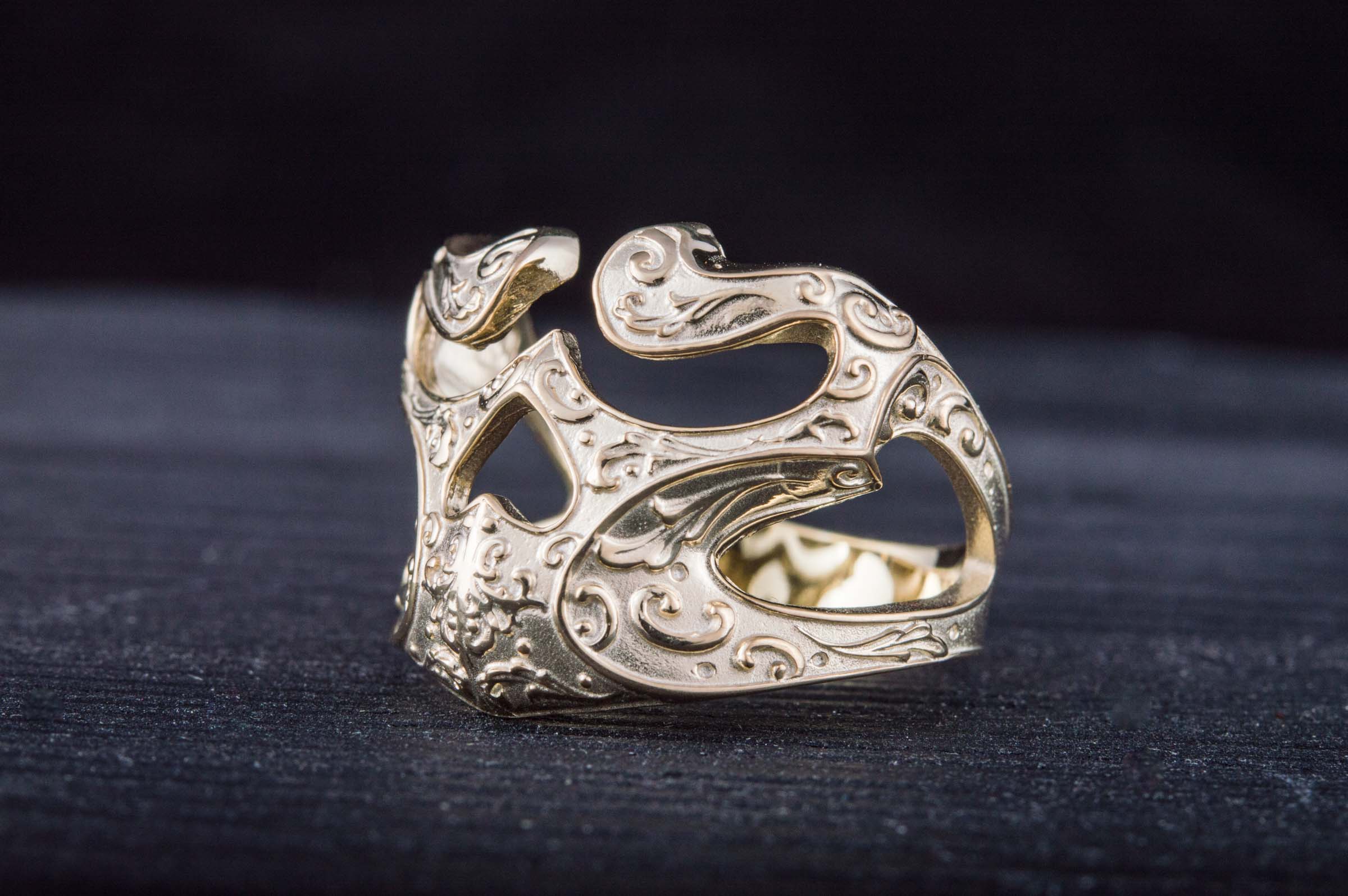 14K Gold Skull Ring with Ornament Unique Biker Jewelry