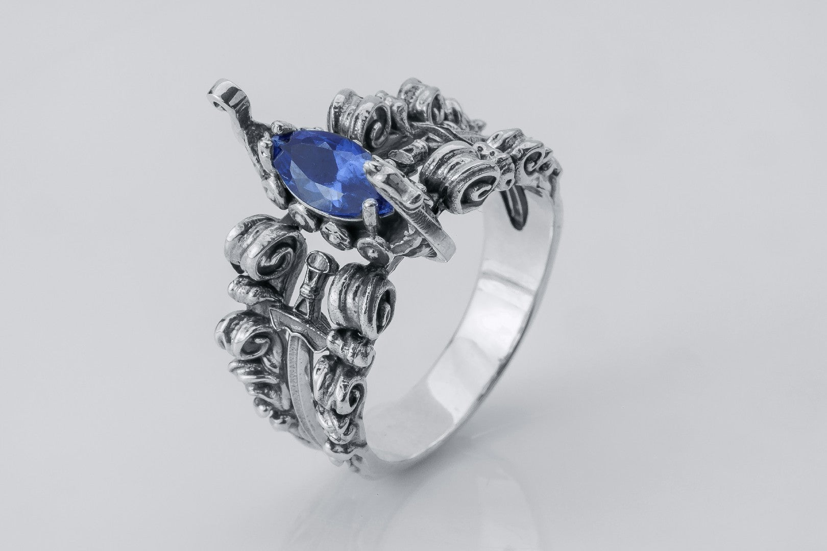 Viking Longship Ring with Blue Gemstone