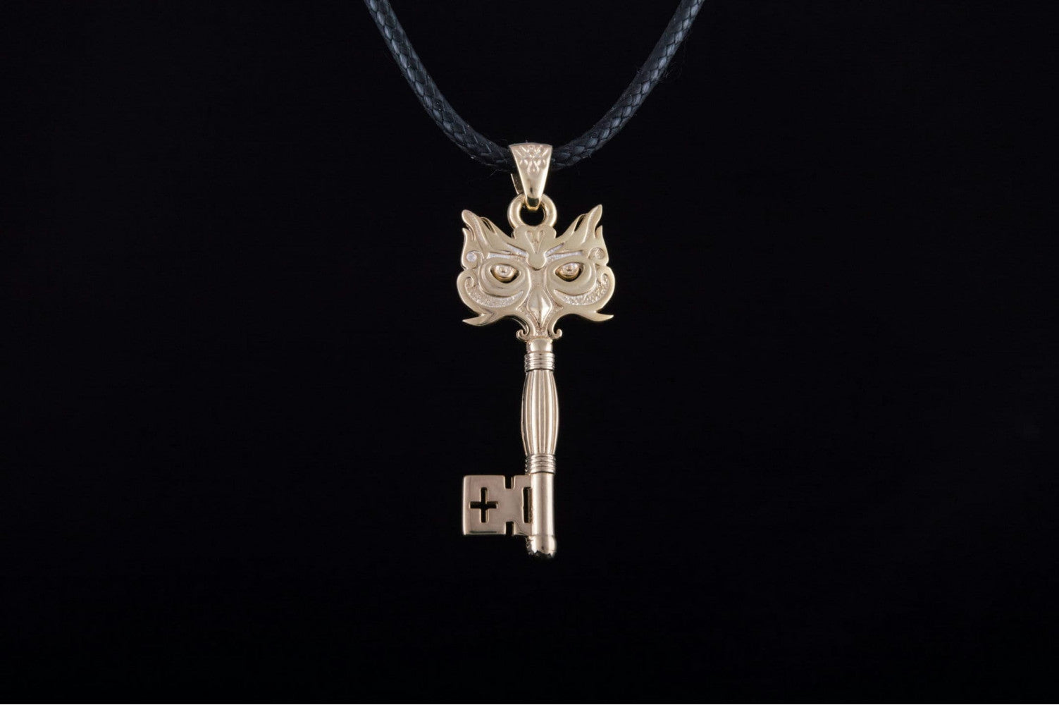 14K Gold Handmade Key Pendant with Owl Unique Jewelry