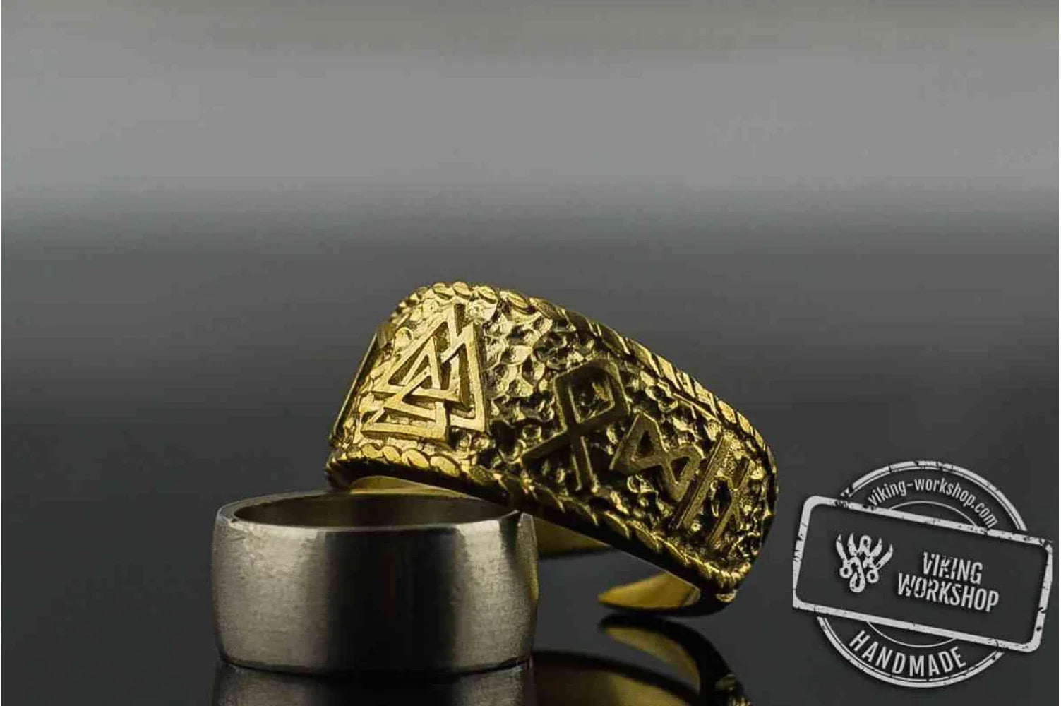 14K Gold Valknut Symbol Ring with HAIL ODIN Runes Viking Jewelry
