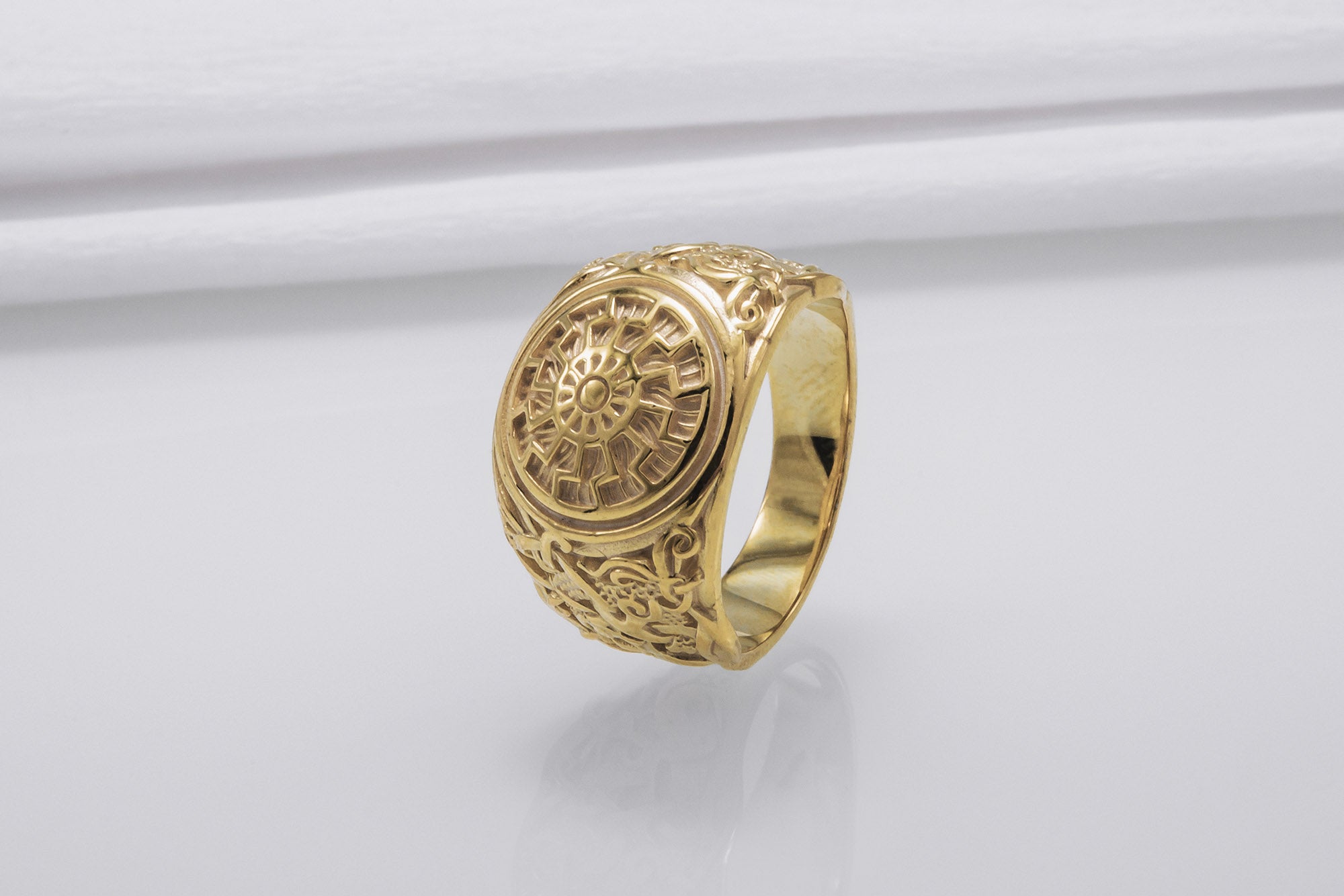 14K Gold Black Sun Ring with Mammen Ornament Viking Jewelry