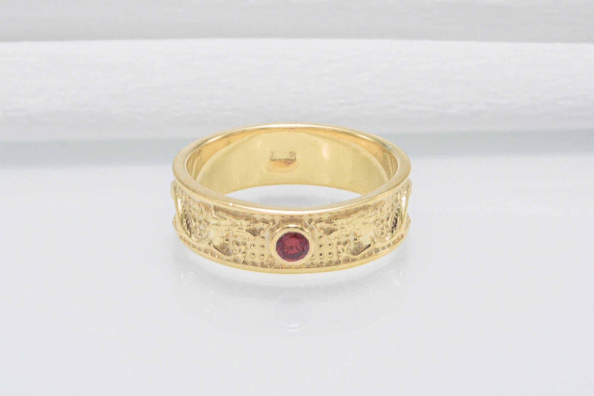 14K Gold Ring with Dragon and Red Cubic Zirconia Jewelry