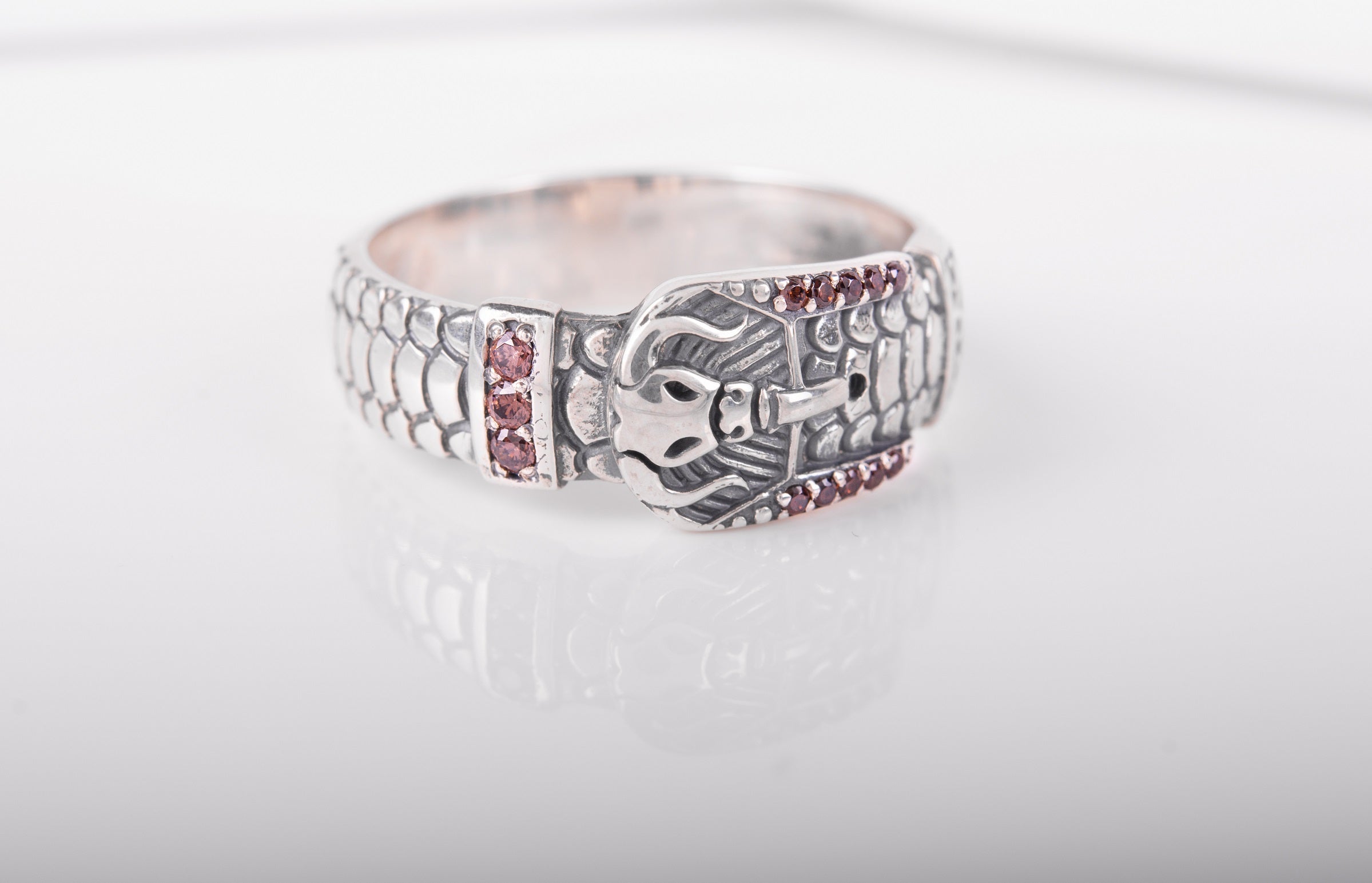 Unique Fashion Ring with Bull and Gems, 925 silver handmade Jewelry