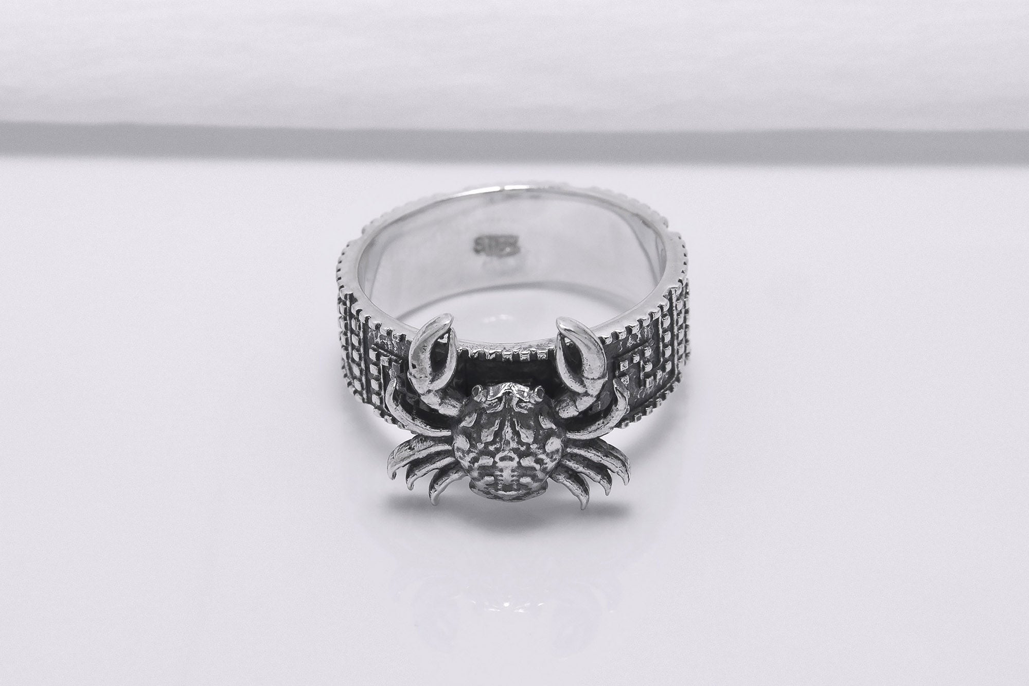 925 Silver Crab Ring with Greek Ornament, Handcrafted Marine Jewelry