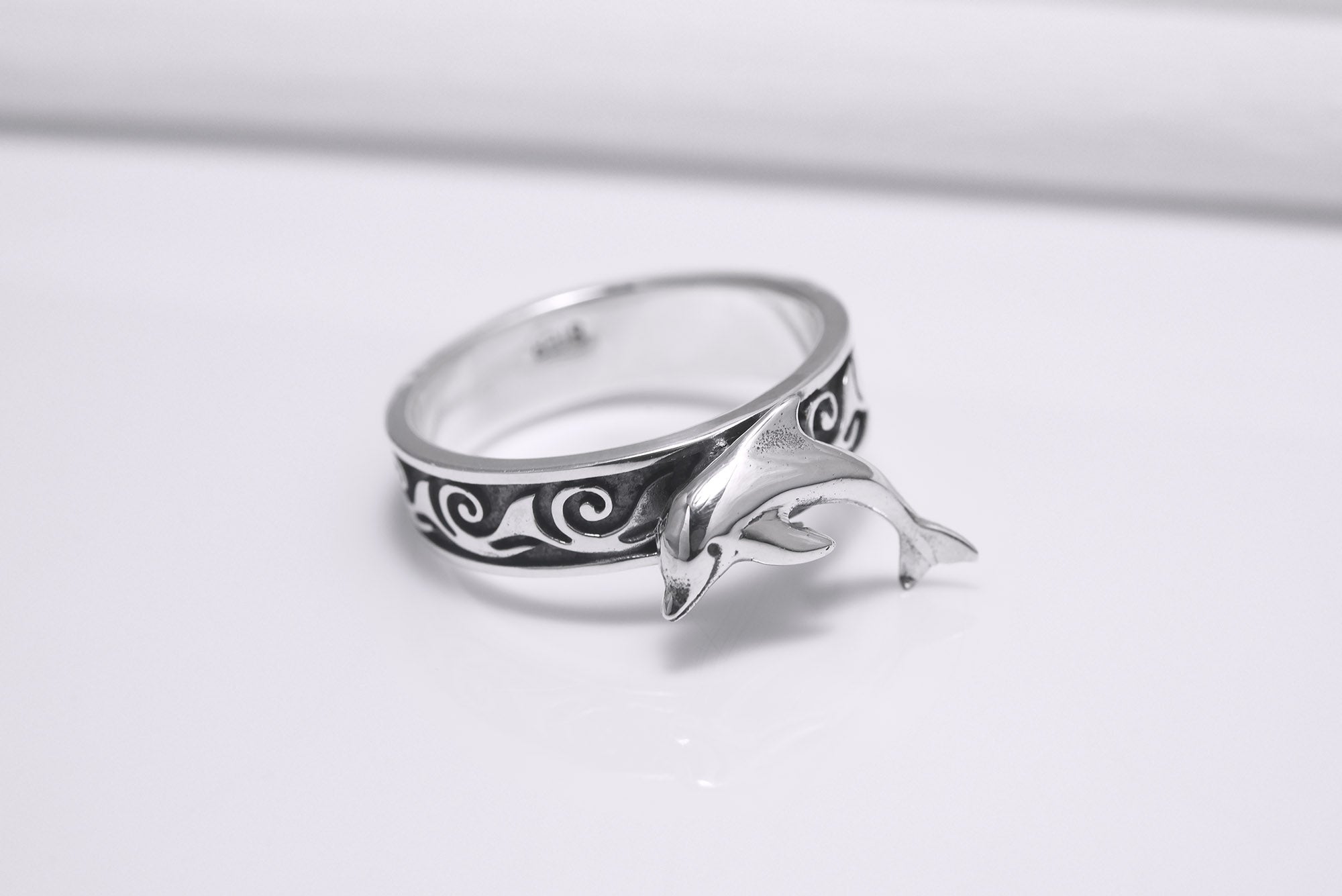 925 Silver Dophin Ring with Waves Ornament, Handcrafted Marine Jewelry