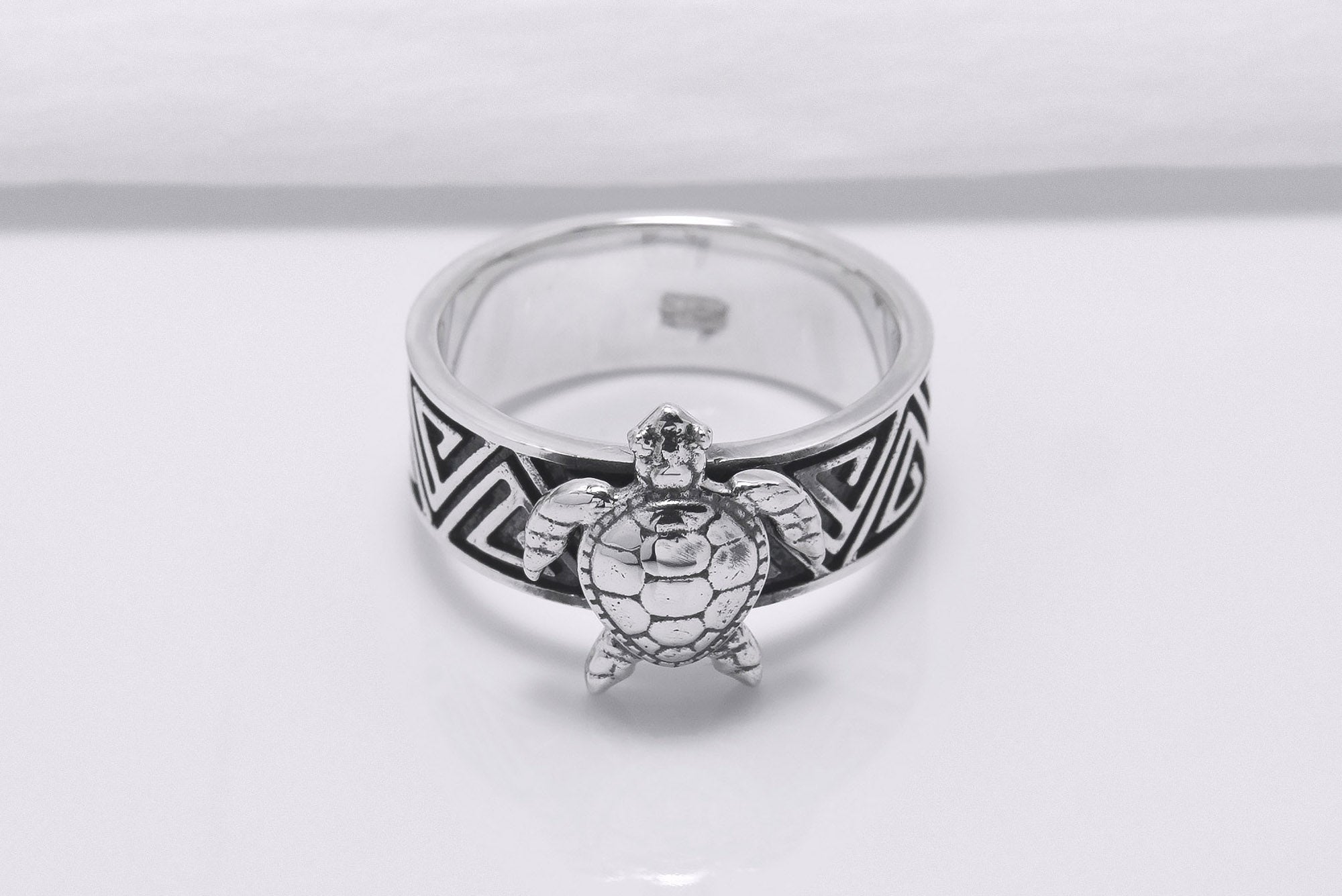 925 Silver Turtle Ring with Greek Ornament, Handcrafted Marine Jewelry