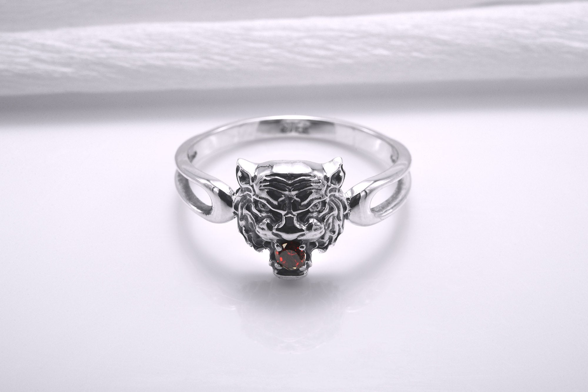 925 Silver Tiger Ring with Red Gem, Handmade Animal Jewelry