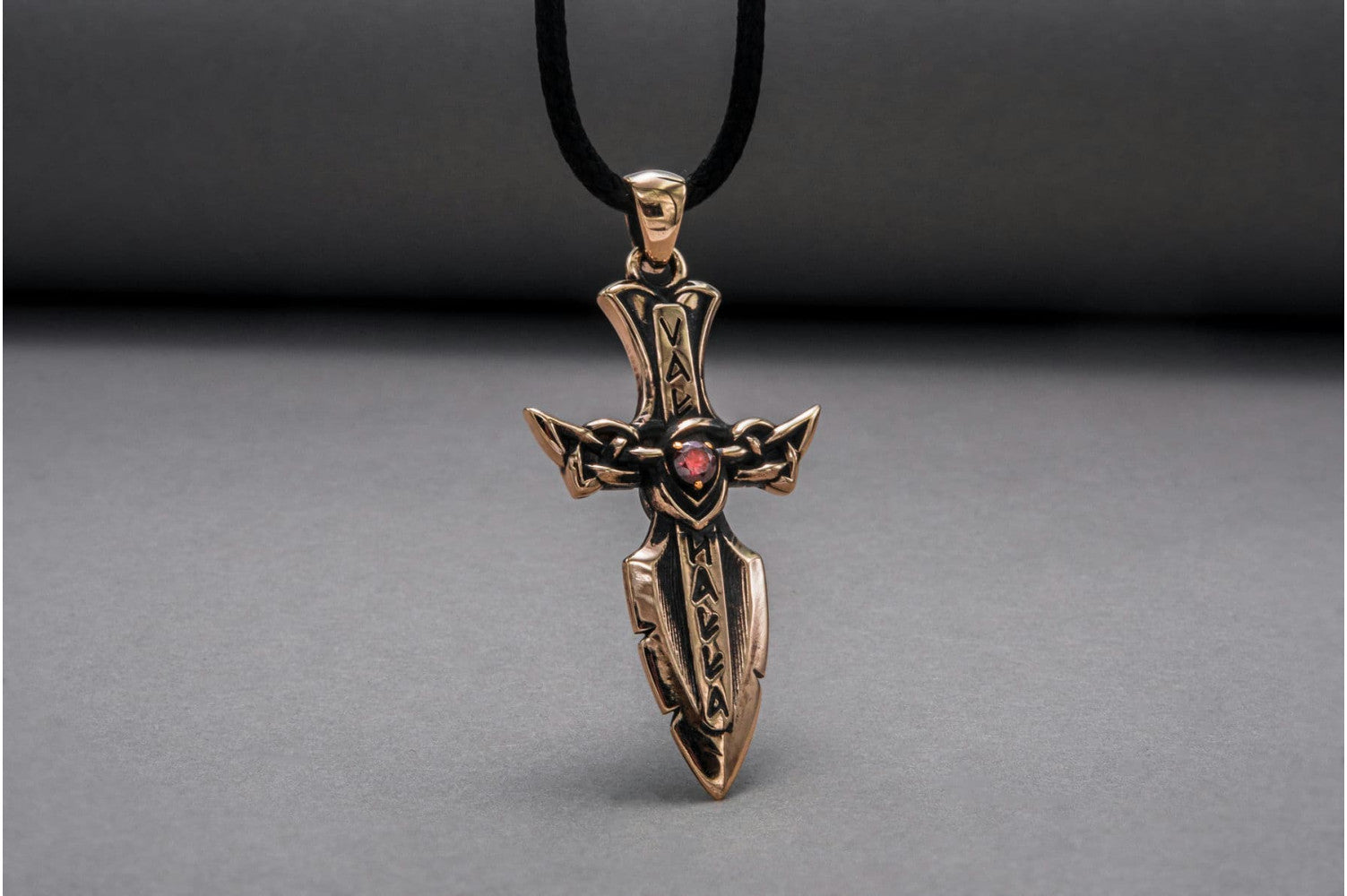 Norse Sword with Runes and Cubic Zirconia Pendant Bronze Viking Jewelry - vikingworkshop