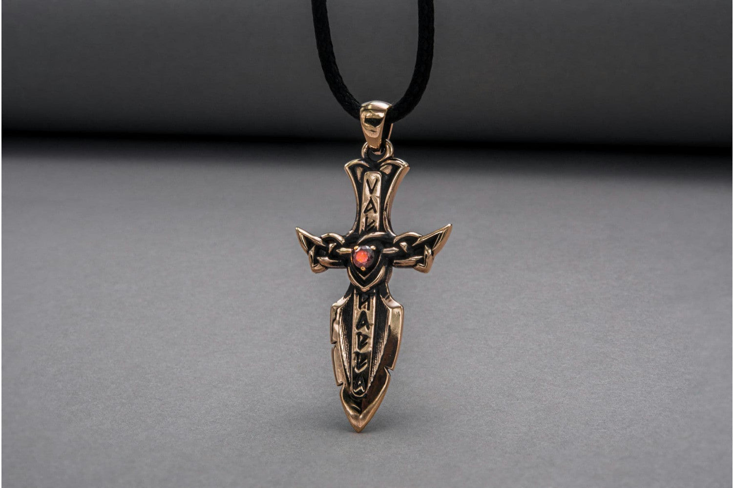 Norse Sword with Runes and Cubic Zirconia Pendant Bronze Viking Jewelry - vikingworkshop