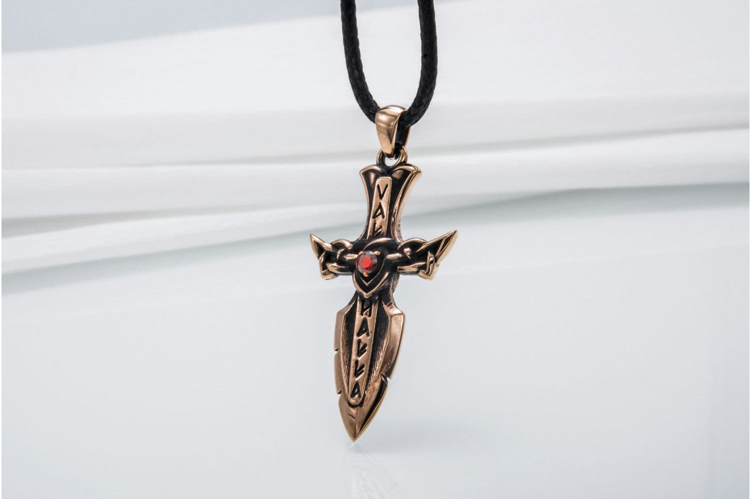 Norse Sword with Runes and Cubic Zirconia Pendant Bronze Viking Jewelry - vikingworkshop