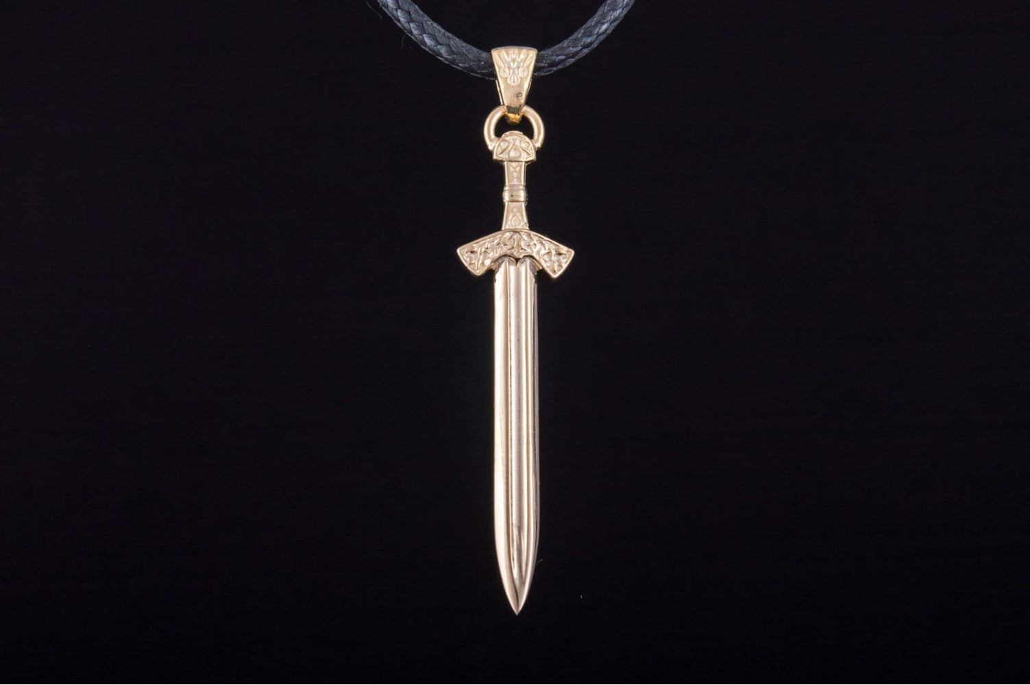 14K Scandinavian Sword Pendant with Ornament Gold Unique Jewelry - vikingworkshop