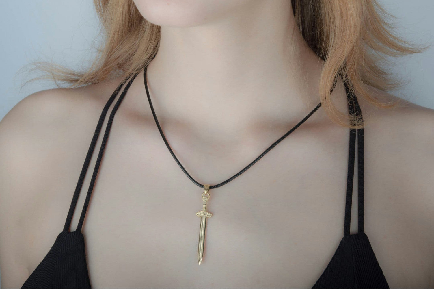 14K Scandinavian Sword Pendant with Ornament Gold Unique Jewelry - vikingworkshop