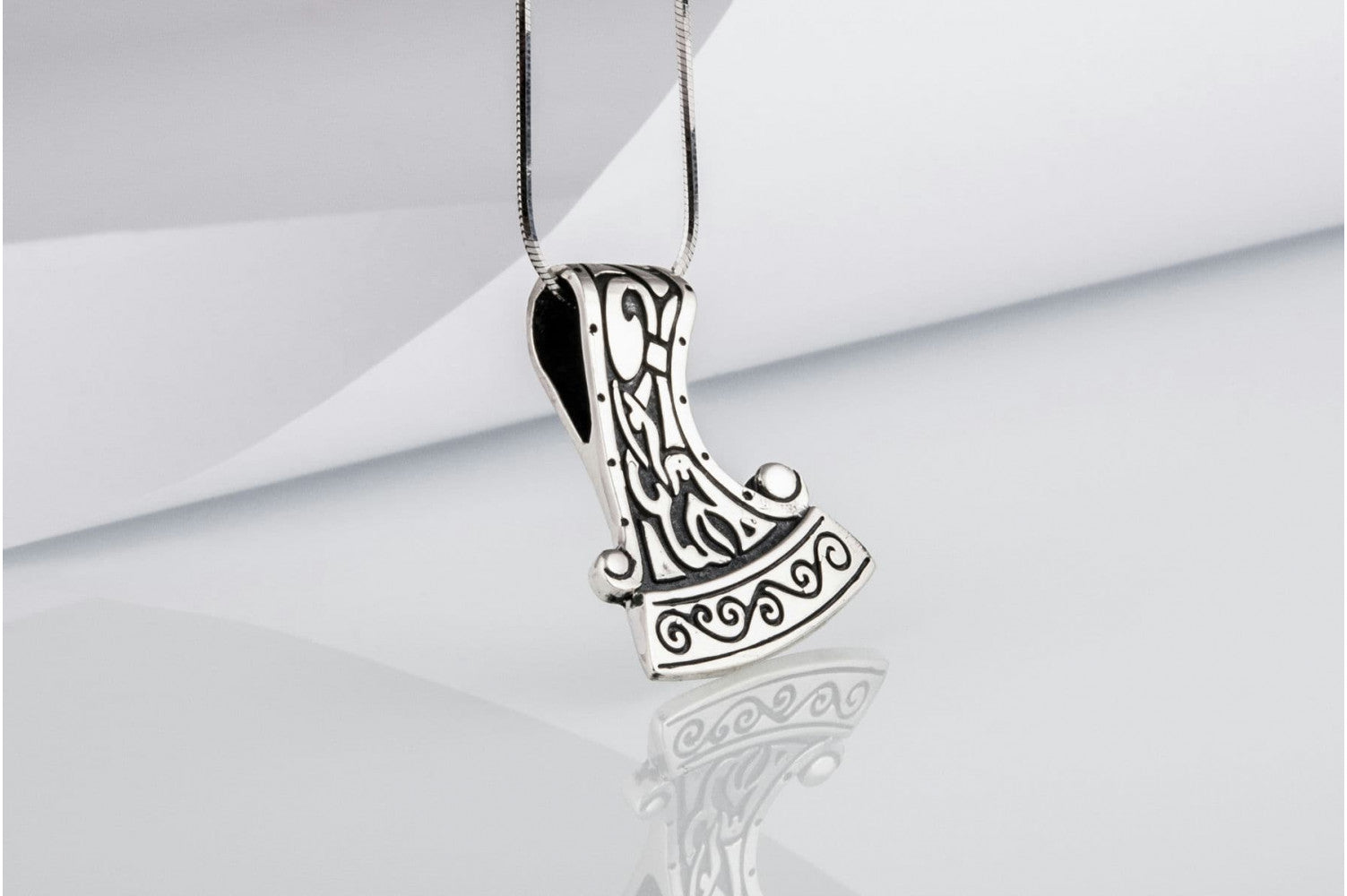 Perun's Axe Small Sterling Silver Pendant with Ornament - vikingworkshop