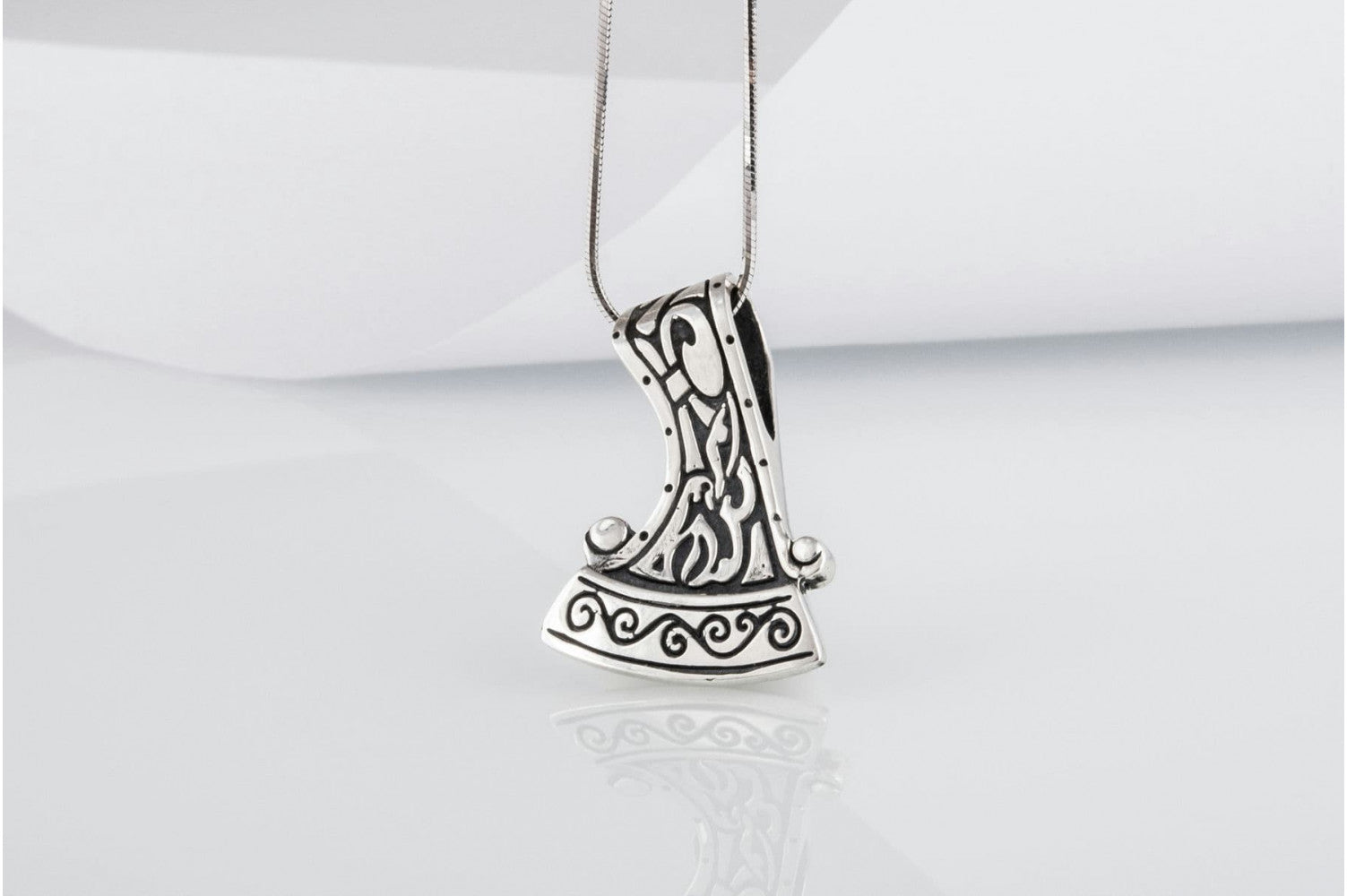 Perun's Axe Small Sterling Silver Pendant with Ornament - vikingworkshop