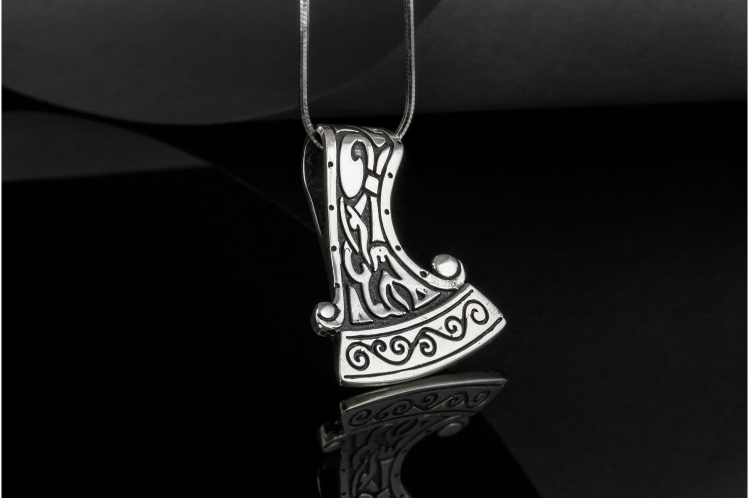Perun's Axe Small Sterling Silver Pendant with Ornament - vikingworkshop
