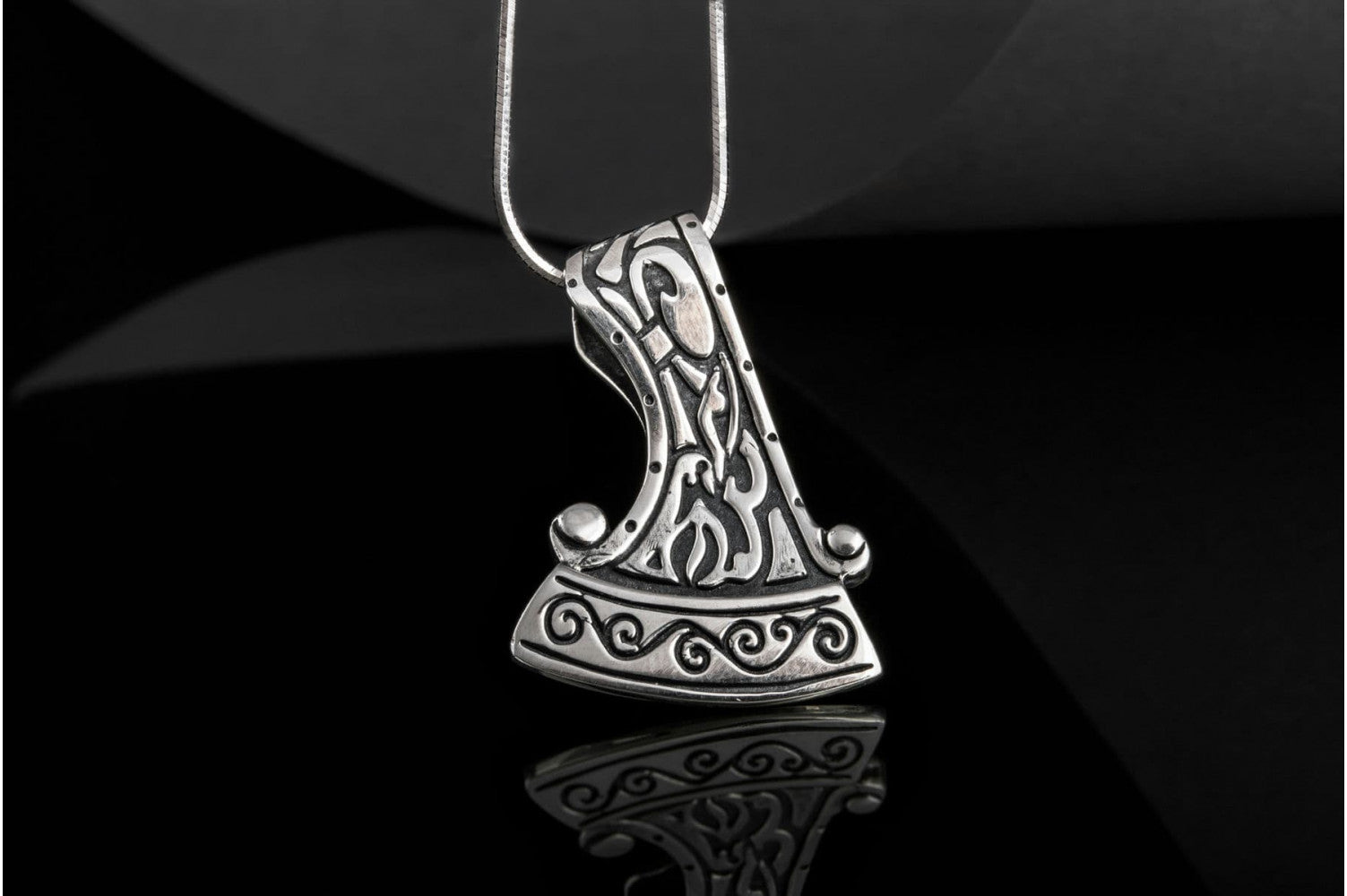 Perun's Axe Small Sterling Silver Pendant with Ornament - vikingworkshop