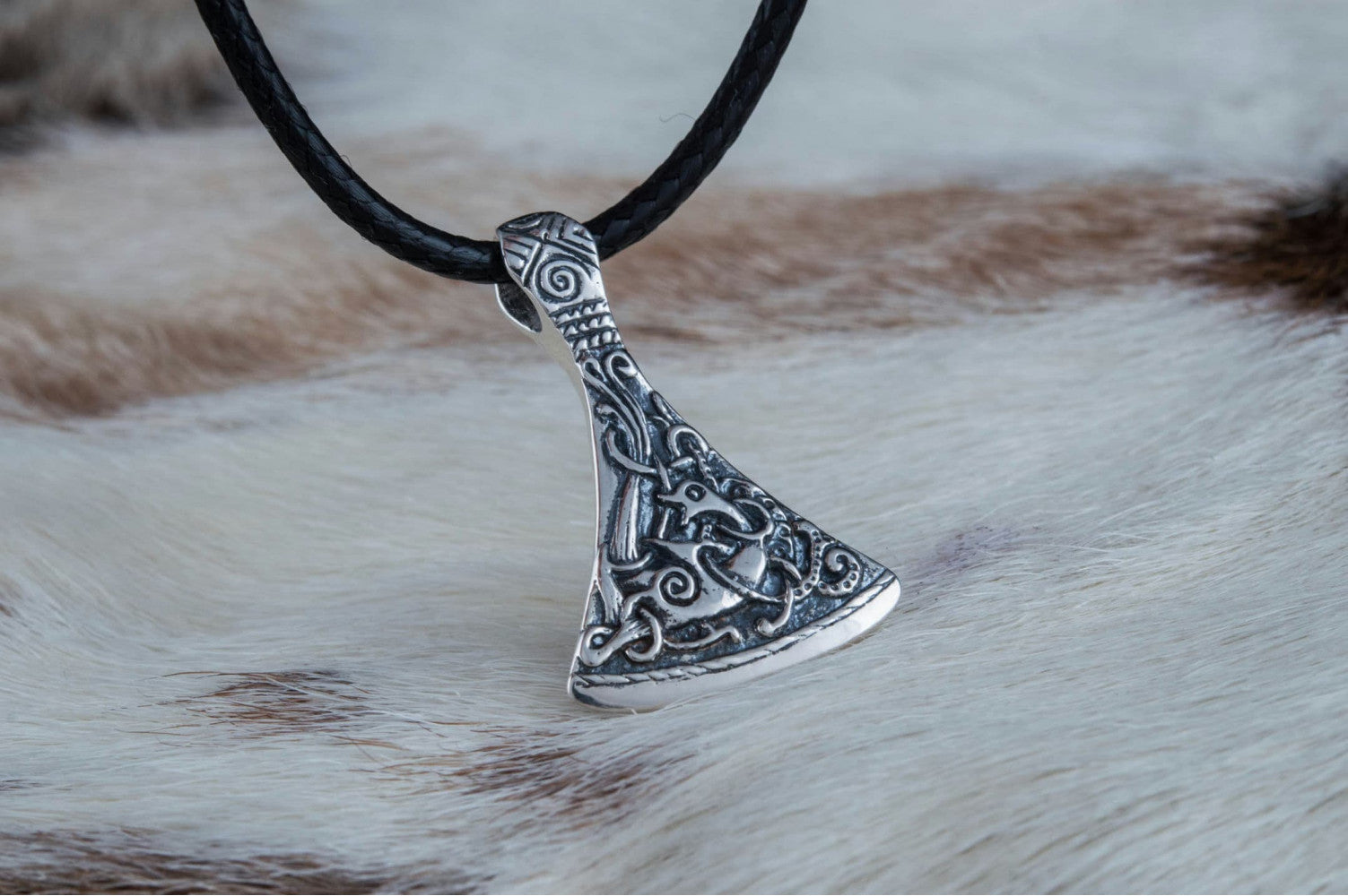 Viking Axe Small Sterling Silver Pendant with Ornament from Mammen Village - vikingworkshop