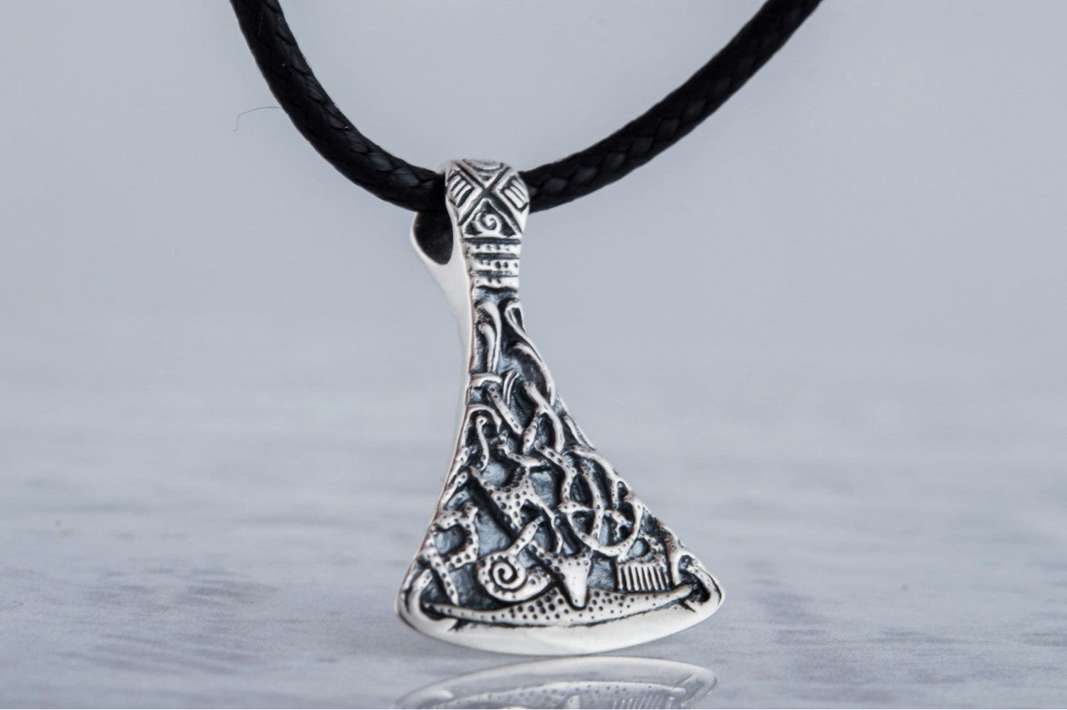 Viking Axe Small Sterling Silver Pendant with Ornament from Mammen Village - vikingworkshop