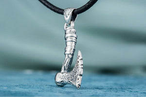Viking Axe with Ornament Pendant Sterling Silver Norse Jewelry - vikingworkshop