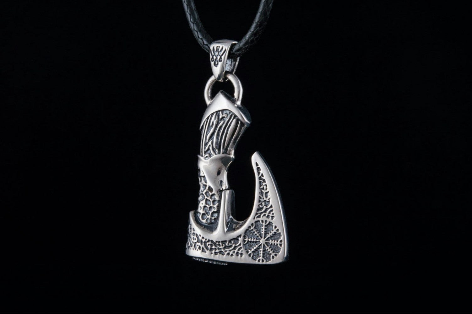 Viking Axe Pendant with Helm of Awe Symbol and Norse Ornament Sterling Silver Viking Jewelry - vikingworkshop