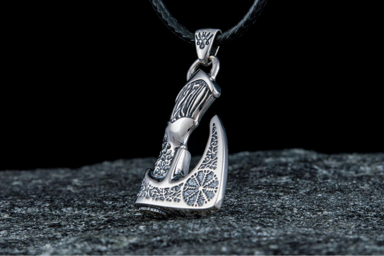 Viking Axe Pendant with Helm of Awe Symbol and Norse Ornament Sterling Silver Viking Jewelry - vikingworkshop