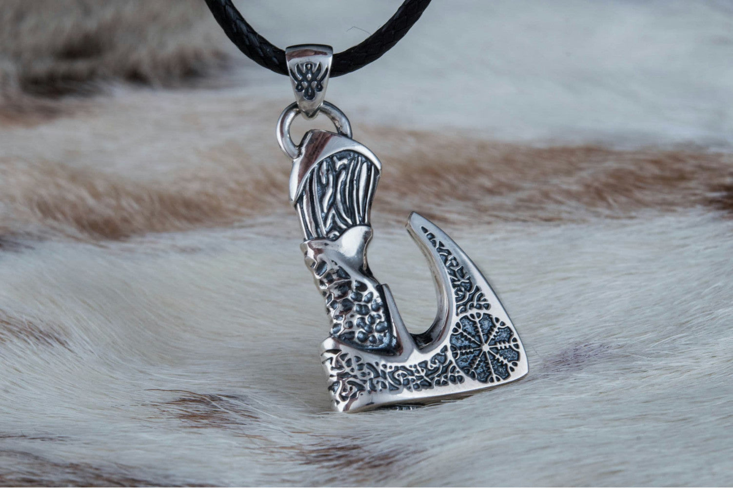 Viking Axe Pendant with Helm of Awe Symbol and Norse Ornament Sterling Silver Viking Jewelry - vikingworkshop