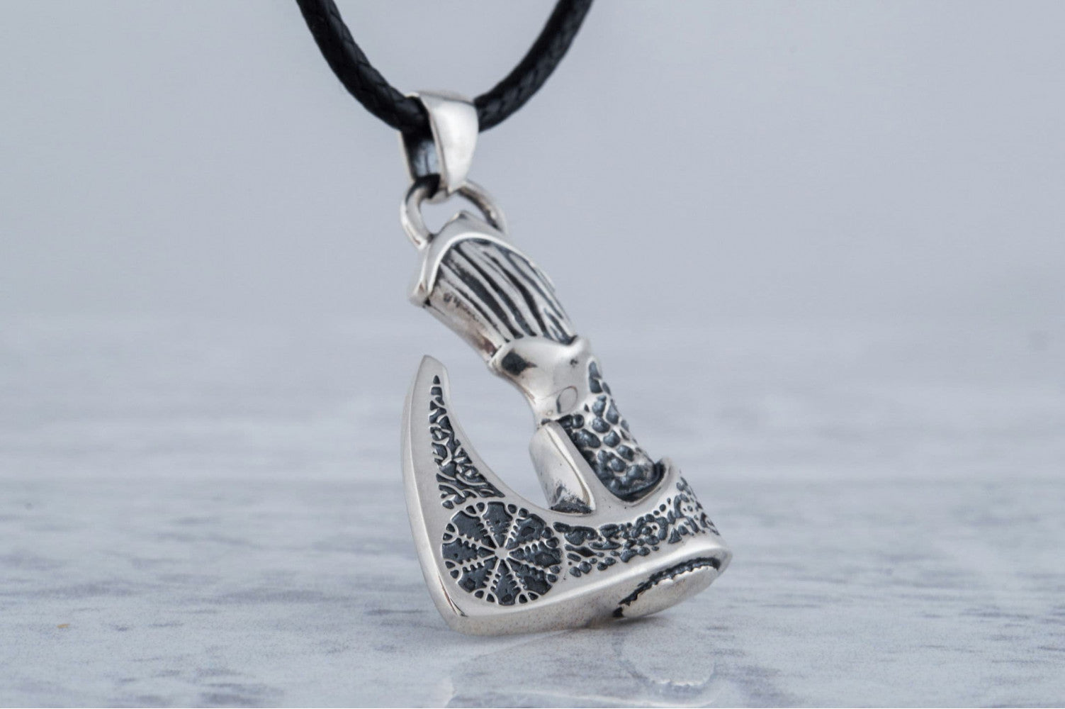 Viking Axe Pendant with Helm of Awe Symbol and Norse Ornament Sterling Silver Viking Jewelry - vikingworkshop