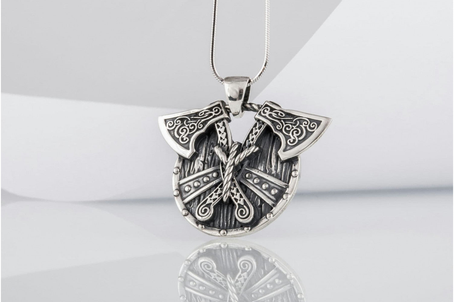 Norse Shield with Axes Pendant Sterling Silver Viking Jewelry - vikingworkshop