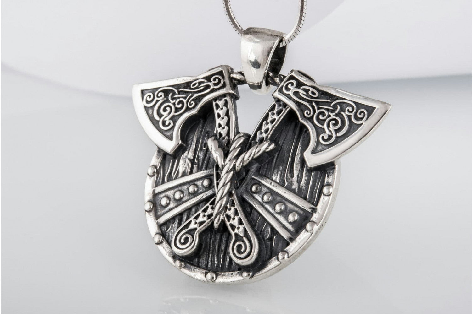 Norse Shield with Axes Pendant Sterling Silver Viking Jewelry - vikingworkshop