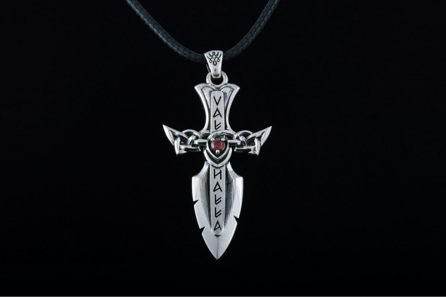 Norse Sword with Runes and Cubic Zirconia Pendant Sterling Silver Viking Jewelry - vikingworkshop