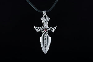 Norse Sword with Runes and Cubic Zirconia Pendant Sterling Silver Viking Jewelry - vikingworkshop