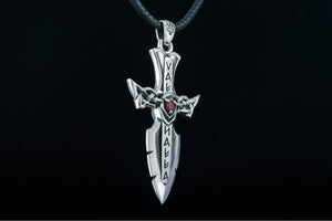 Norse Sword with Runes and Cubic Zirconia Pendant Sterling Silver Viking Jewelry - vikingworkshop