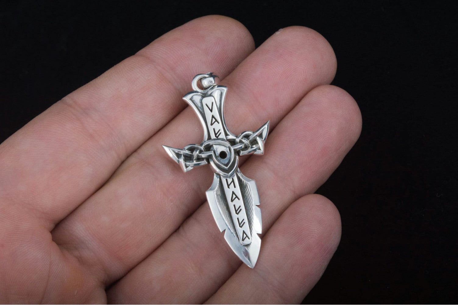 Norse Sword with Runes and Cubic Zirconia Pendant Sterling Silver Viking Jewelry - vikingworkshop