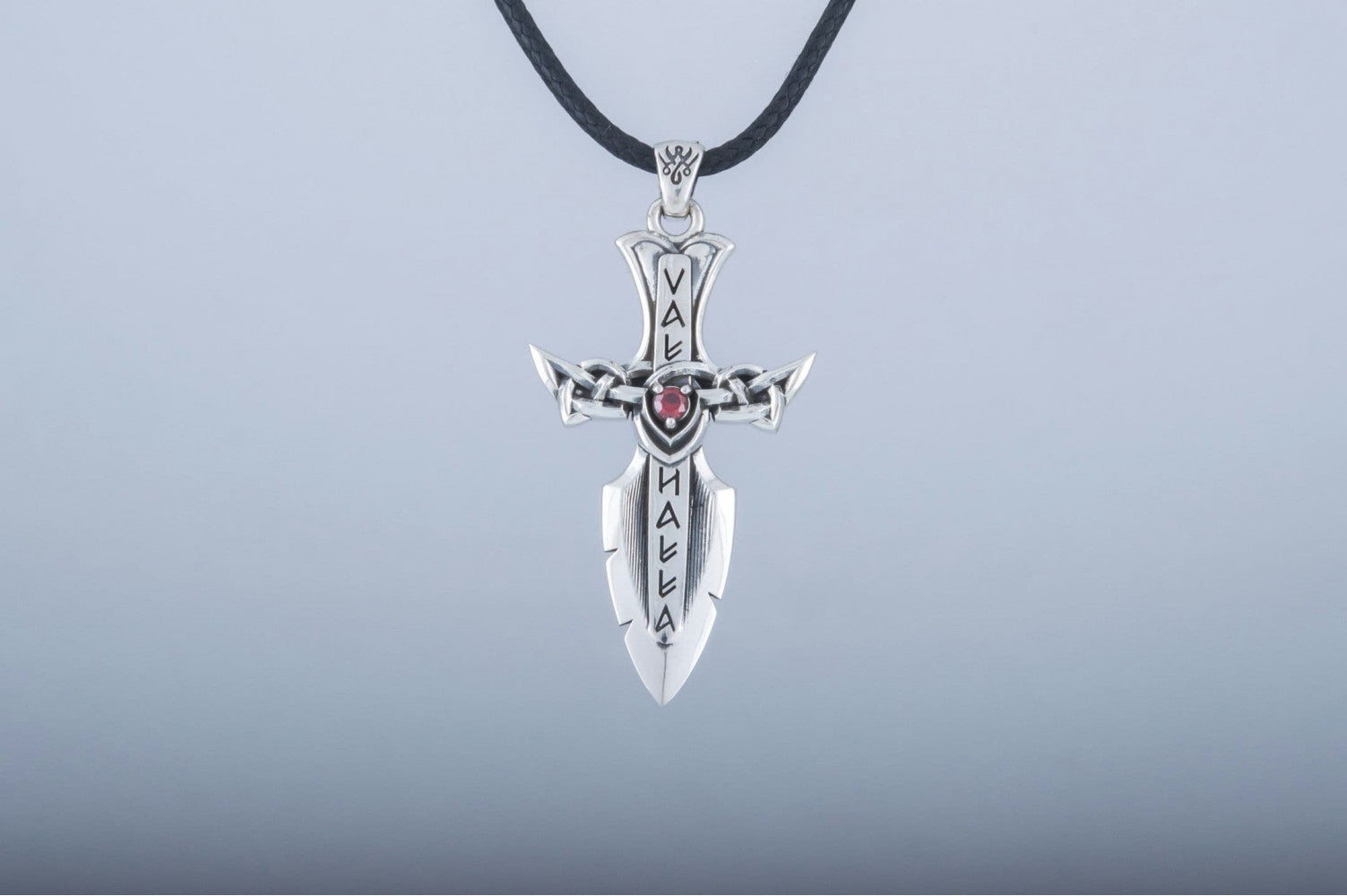 Norse Sword with Runes and Cubic Zirconia Pendant Sterling Silver Viking Jewelry - vikingworkshop