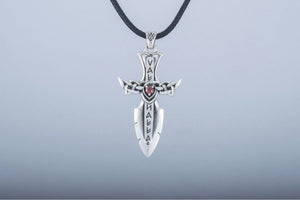 Norse Sword with Runes and Cubic Zirconia Pendant Sterling Silver Viking Jewelry - vikingworkshop