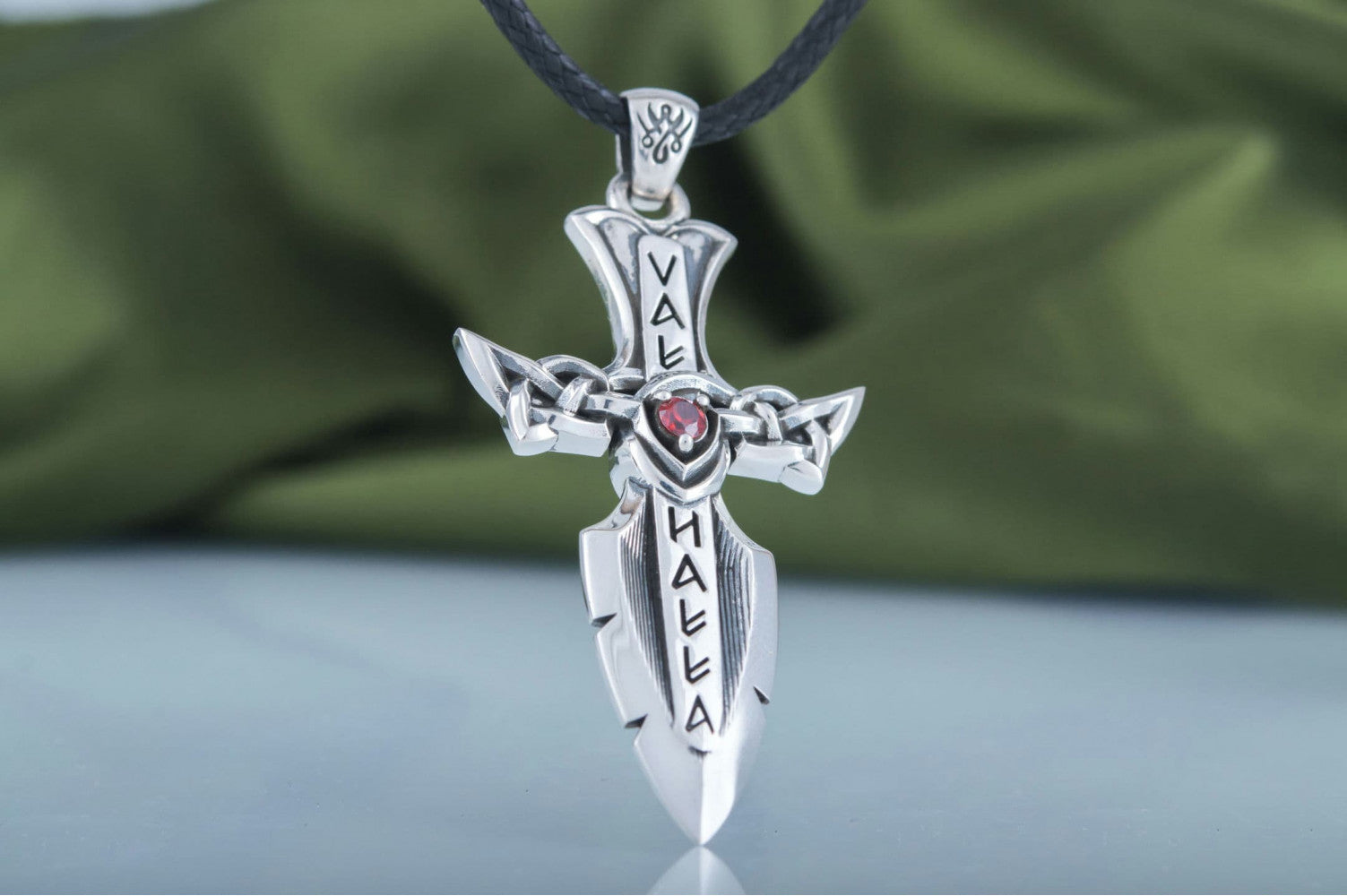 Norse Sword with Runes and Cubic Zirconia Pendant Sterling Silver Viking Jewelry - vikingworkshop