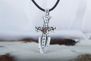 Norse Sword with Runes and Cubic Zirconia Pendant Sterling Silver Viking Jewelry - vikingworkshop