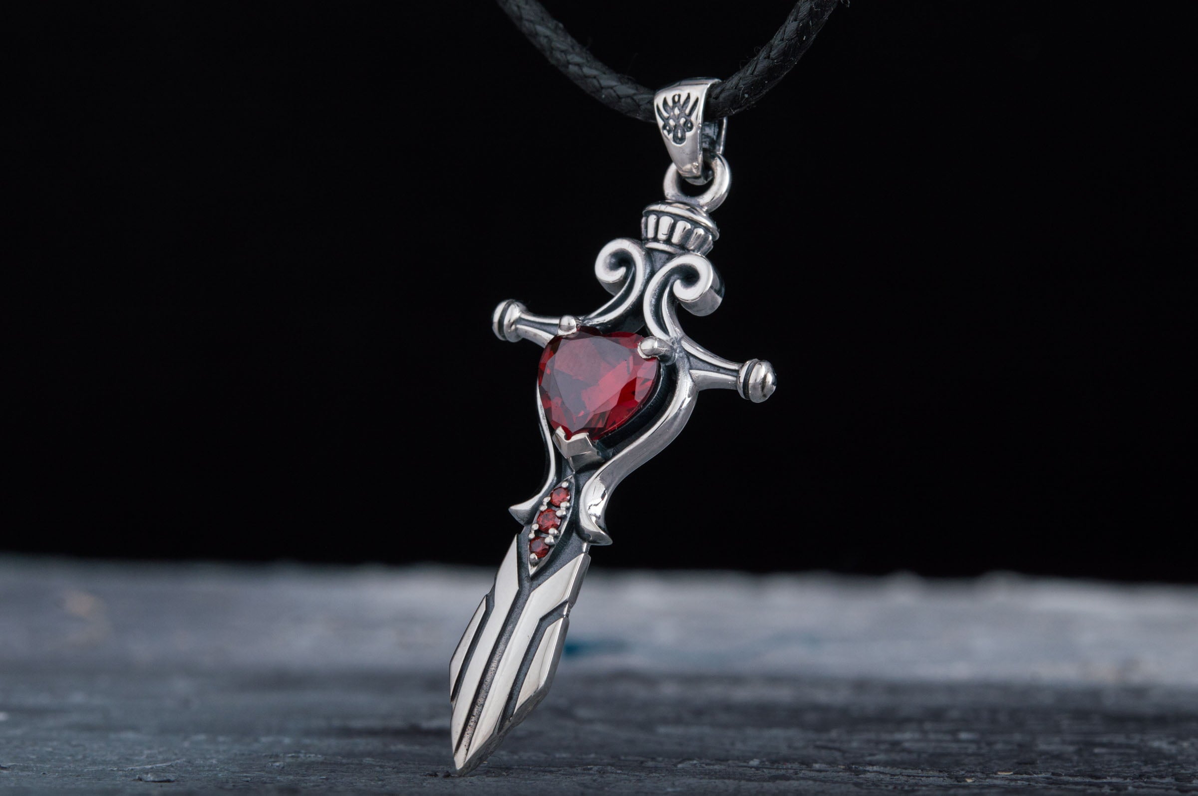 Norse Sword with Red Cubic Zirconia Pendant Sterling Silver Handmade Jewelry - vikingworkshop