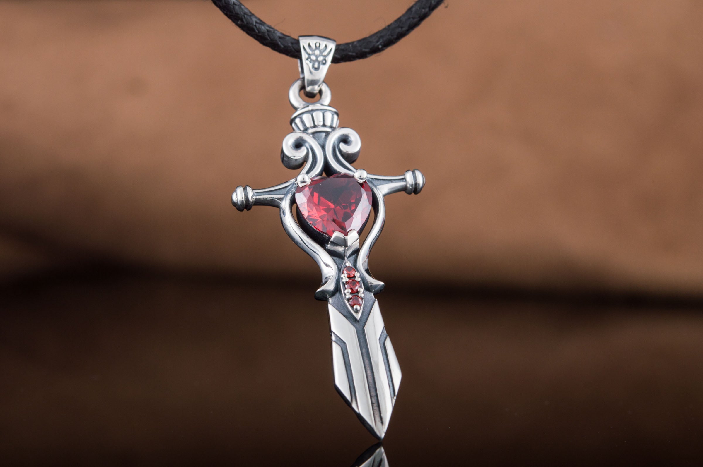 Norse Sword with Red Cubic Zirconia Pendant Sterling Silver Handmade Jewelry - vikingworkshop