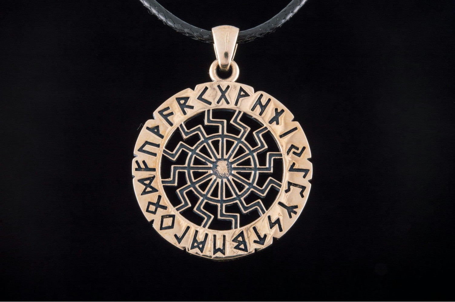 Black Sun Symbol with Elder Futhark Runes Bronze Pendant - vikingworkshop