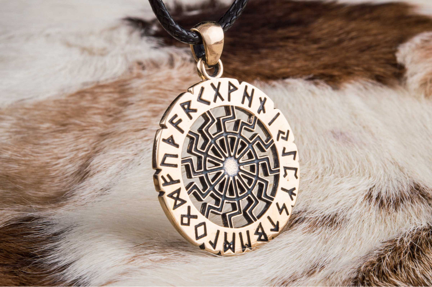 Black Sun Symbol with Elder Futhark Runes Bronze Pendant - vikingworkshop