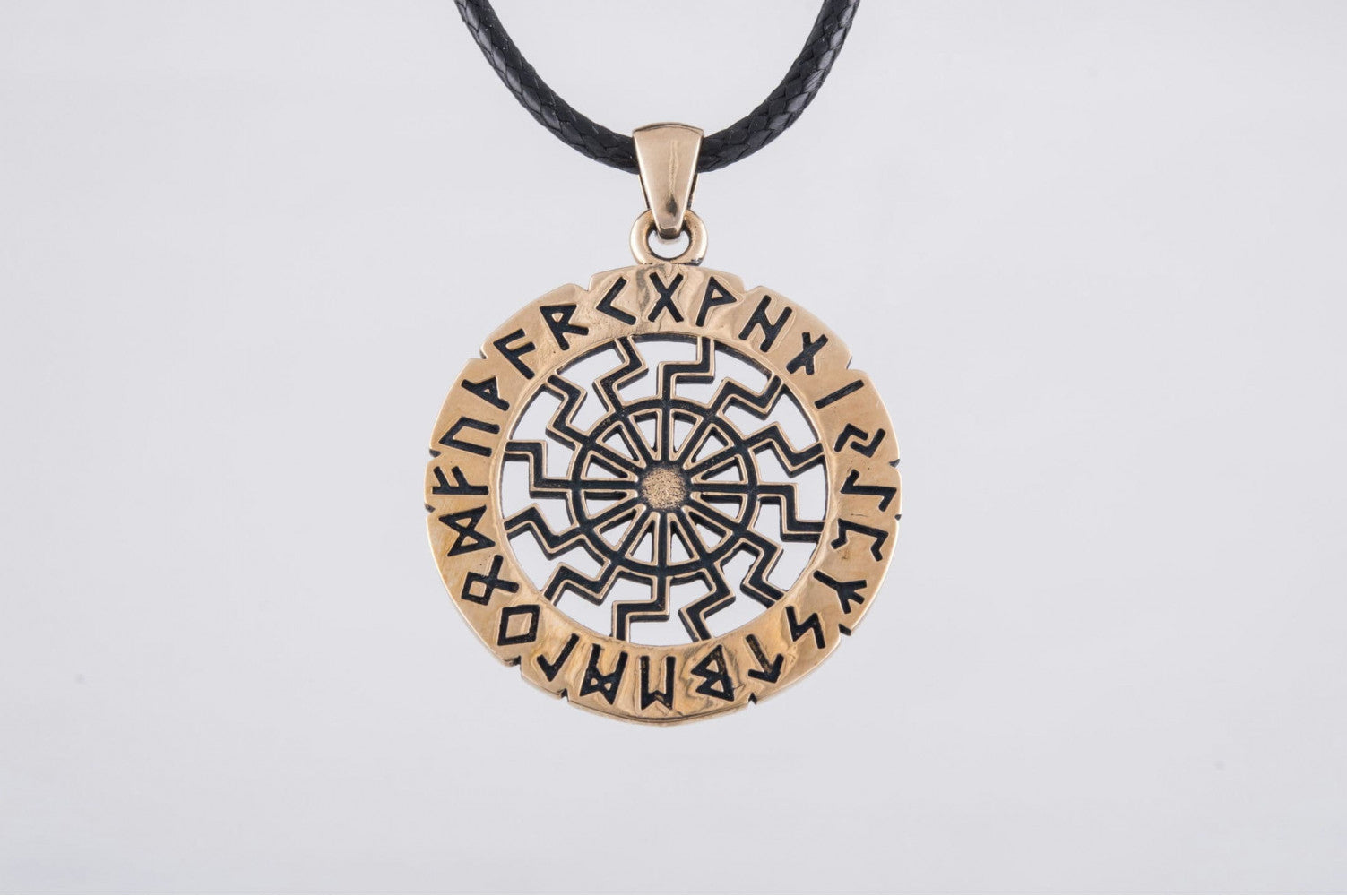 Black Sun Symbol with Elder Futhark Runes Bronze Pendant - vikingworkshop