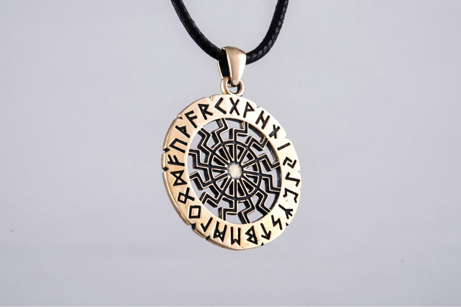 Black Sun Symbol with Elder Futhark Runes Bronze Pendant - vikingworkshop
